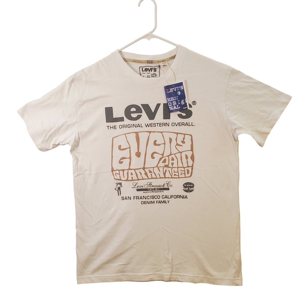 Levis Men Graphic T-Shirt XL White Every Pair Guaranteed Western Overall NWT Tee